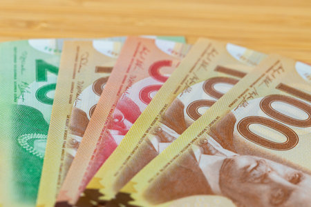 Canada money. Financial economic concept. Banknotes arranged in random order. Canadian dollars CAD symbolの写真素材