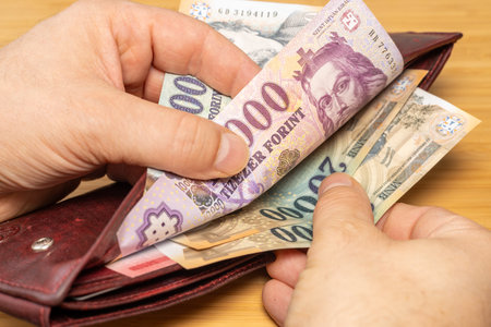 Hungary money. Hand taking money out of wallet. Hungarian forints, financial concept
