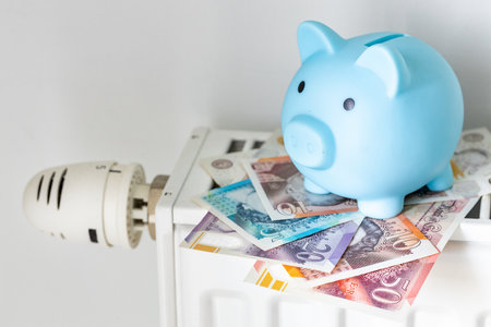 British pounds lying on an unscrewed radiator and a piggy bank, Concept, financial budgeting. Winter heating costs in the UKの写真素材
