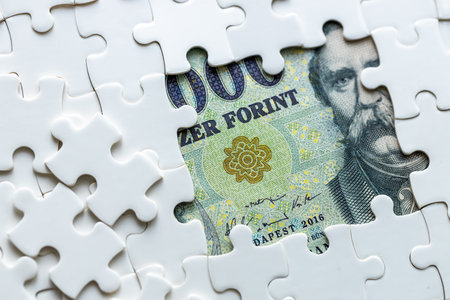 Hungarian forint Hidden Under Puzzle Pieces, Business Concept, Hungarian Currency, Market Analysis, Exchange Rate. 20000 forint banknote, copy space, close upの写真素材