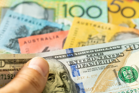 Australian Dollar and US Dollar, Currency Exchange Rate. Financial Concept, Currency Markets, close...