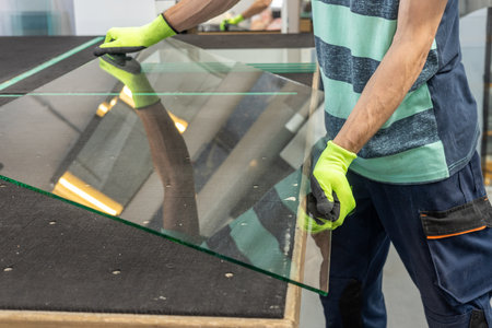 A glazier places sheets of glass on a specialized table. The concept of craftsmanship and industry. Working with glass.の写真素材
