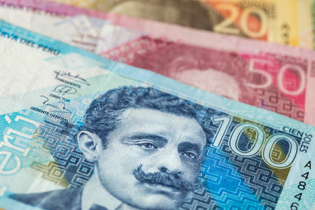 Peru money, Peruvian banknotes lying on the table, financial conceptの写真素材