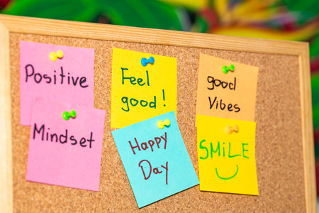 A colorful set of positive thinking sticky notes attached to a board. Motivational attitude, Positive mindset, Joy and self-confidence, It's going to be a good dayの写真素材