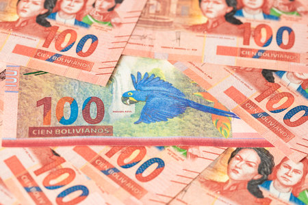 Bolivia money, lot of 100 bolivianos banknotes, Business background, Financial economic concept, close upの写真素材