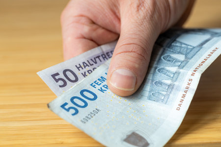 Denmark money.Danish 50 and 500 kroner placed on the table. Financial economic concept, close upの写真素材
