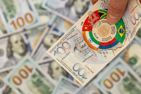 Symbolic currency of BRICS countries against the background of US dollars. Financial concept....