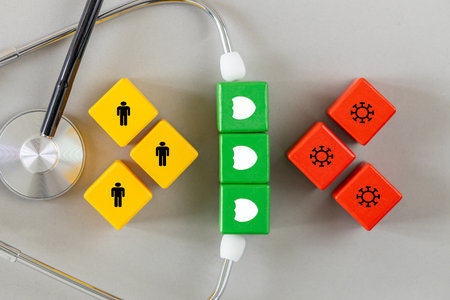 Virus protection, Vaccination prevention, seasonal flu, RSV, scientific research. Health concept. Close up, flat lay, Gray background, medical stethoscope, virus, people and protective shield symbolsの写真素材