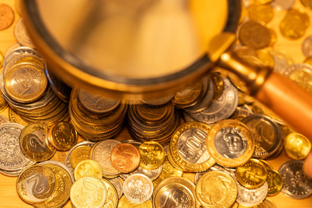 A pile of different coins from around the world and a magnifying glass held in hand. Financial conceptの写真素材