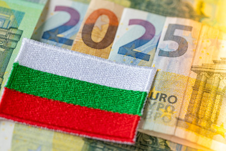 Bulgaria Euro. 2025 composed of the common currency of the European Union. Flag of Bulgaria. Financial business concept. Plans for Bulgaria to adopt the euro currency in 2025の写真素材