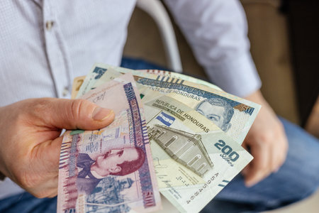 Honduras Money. Honduran Businessman holding Lempiras banknotes in hand. Financial economic concept, Business symbolの写真素材