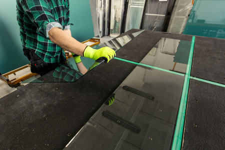 Work in a glass factory. A glazier places a sheet of glass on a specialized table.の写真素材