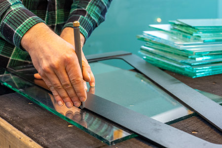 Work in a glass factory. A glazier cuts glass.の写真素材