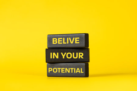 Believe in your potential. Motivational slogan. Conceptual words. Yellow background and inscription...