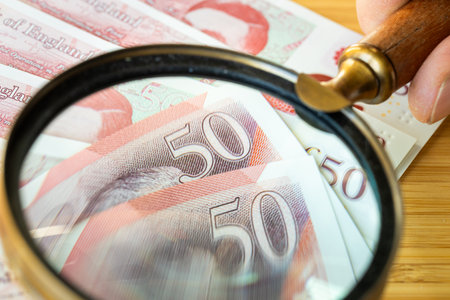 Money of Great Britain. Banknotes of the United Kingdom under the Magnifying Glass. Financial Concept of the UKの写真素材