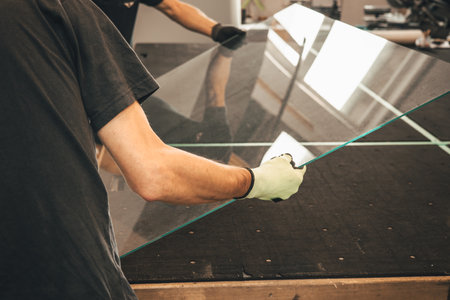 Glaziers place a large pane of glass on a table in the glassworks. close upの写真素材