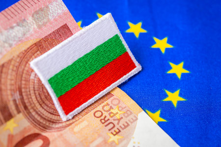 Bulgaria in the Eurozone. Business and financial concept. Symbol of the European Union, 10 Euro banknote and Bulgarian flagの写真素材