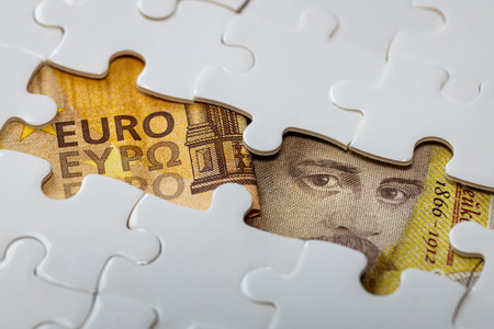 Puzzle revealing the 50 Bulgarian lev and 50 euro banknotes. Business concept. Bulgaria's accession to the Eurozone. Pros and cons, economic analysis, price increases, lower loans. close upの写真素材