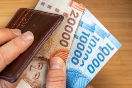 Chile money. Financial business concept. Chilean banknotes taken out of wallet, large denominations of pesos, close upの写真素材