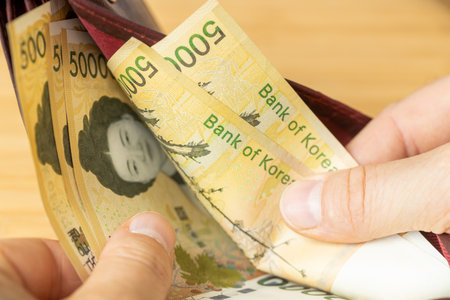 South Korean money. 50,000 won banknotes in a wallet. Financial and business concept..close upの写真素材
