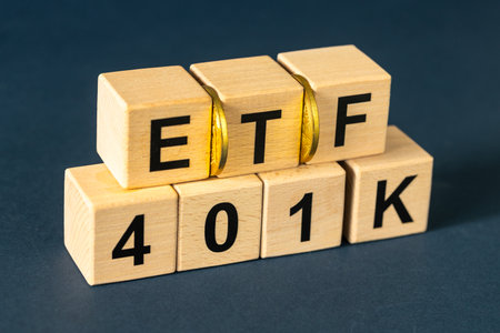 401K and ETF symbols. Exchange Traded Fund and American Retirement Plan icons. Retirement funds...