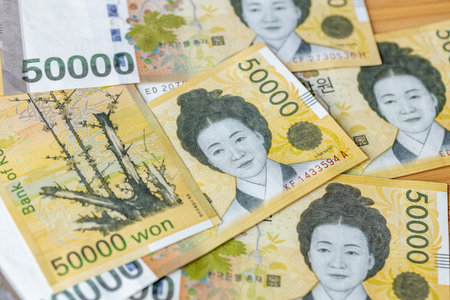 South Korea money, Business concept, Expense analysis. 50-won bills, Business background, close-up