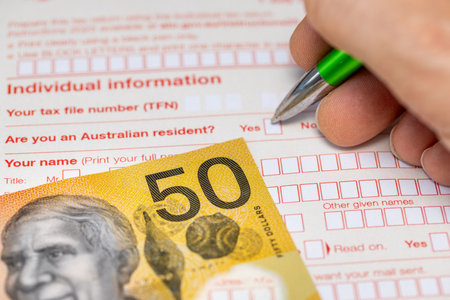 Individual tax return. Australia tax settlement. Financial business concept. 50 Australian dollars....