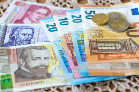 Eurozone Bulgaria. Financial and business concept. Bulgaria money. 50 levs and euros. close upの写真素材