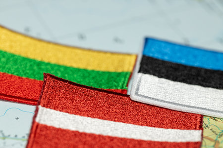 Flags of Lithuania, Latvia, and Estonia. Baltic states. Eastern Europe. Close upの写真素材