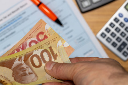 Taxes and financial settlements in Canada. Canadian dollar, calculator, and tax form. Finance and business concept. Tax return. Financial background. flat lay. close upの写真素材