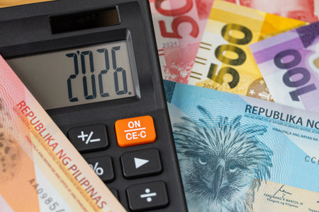 Philippines, 2026. Financial business concept. Money and calculator with date 2026. Market analysis. Philippine peso. exchange rate. Economic background. closeupの写真素材