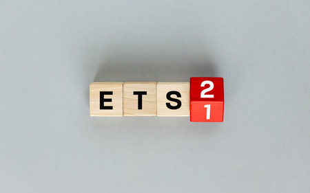 ETS 2 European Trading System. Business and environmental concept. ETS on wooden blocks and the...