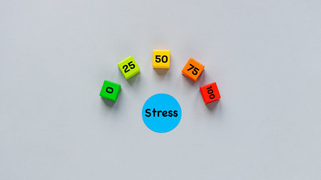 Stress Index. Concept of mental health. The word STRESS and a scale with increasing levels from zero...