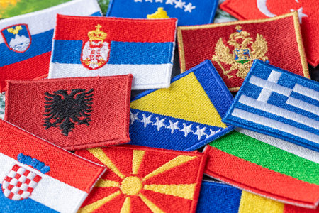 Balkan countries. Regional business concept. Symbols of all Balkan countries. Close up