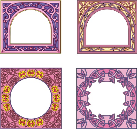 Four ornamental colorfull frames for book or other product covers and booklets. Square form with arched or round center. Vector vinyl-ready EPS Illustrations.のイラスト素材
