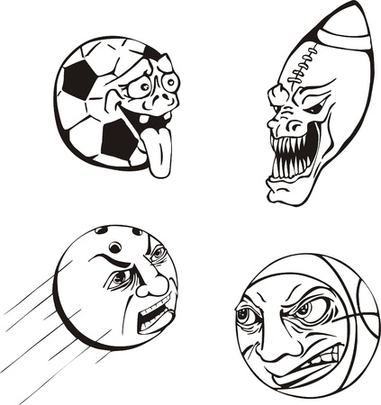 Four miscellaneous emotional sport ball cartoons. Vinyl-ready EPS Illustrations, black and white sketches.のイラスト素材