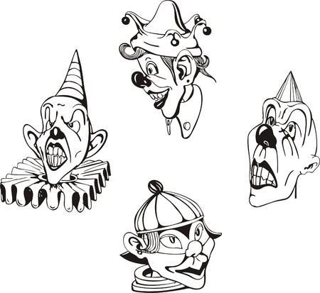Four mad clown designs. Vinyl-ready EPS Illustrations, black and white sketches.のイラスト素材