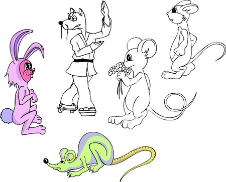 Animal Cartoons  Set of color and black white illustrations のイラスト素材