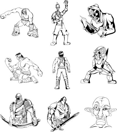 Fantasy men and warriors. Set of black and white illustrations.のイラスト素材