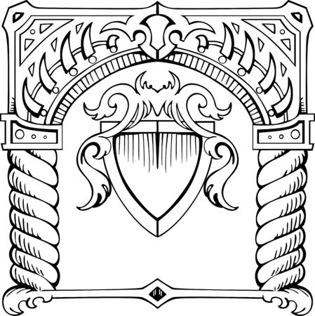 Frame in form of arch with shield. Black and white illustration.のイラスト素材