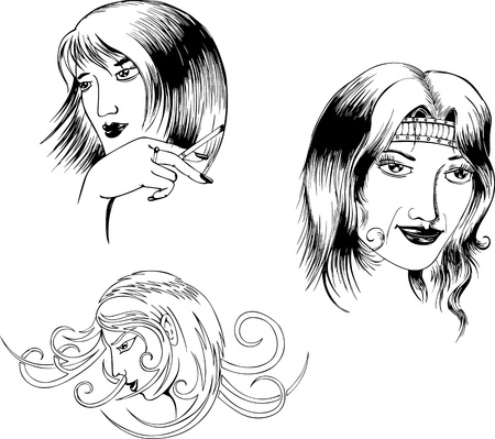 Portraits of women in two styles. Set of black and white illustrations.のイラスト素材