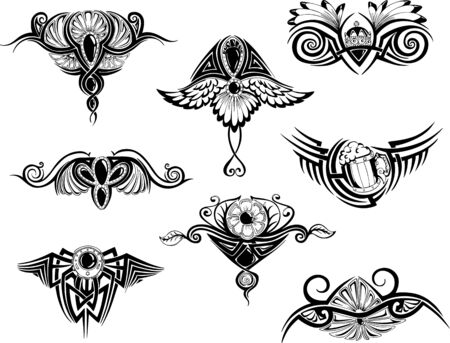 Stylized vignettes. Set of black and white illustrations.のイラスト素材