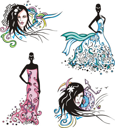 Elegant women. Set of color vector illustrations.のイラスト素材