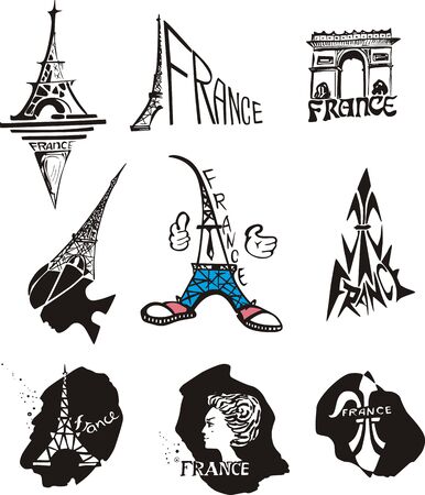 Set of original logos for travel to Paris and France. Black and white  illustration.のイラスト素材