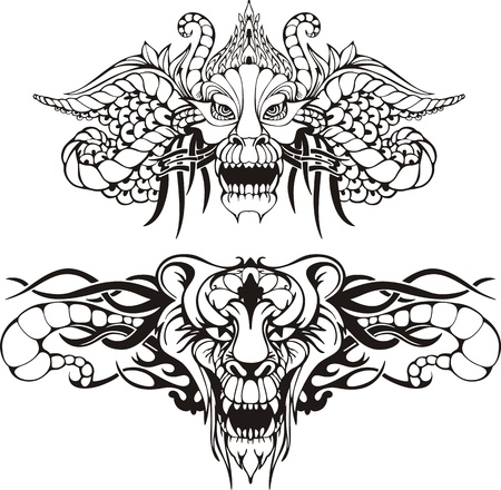 Symmetric animal tattoos. Set of black and white vector illustrations.のイラスト素材