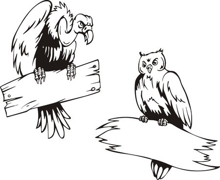Vulture and owl with boards. Set of black and white vector illustrations.のイラスト素材