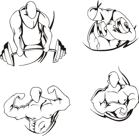 Weight lifting and bodybuilding  Set of black and white  illustrationsのイラスト素材