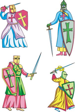 Medieval crusader knights. Set of color vector illustrations.のイラスト素材