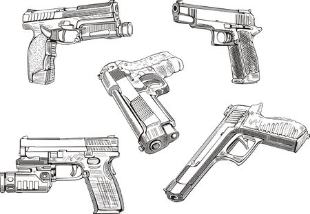 Gun sketches. Set of black and white vector illustrations.のイラスト素材