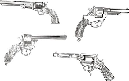 Revolver sketches. Set of black and white vector illustrations.のイラスト素材
